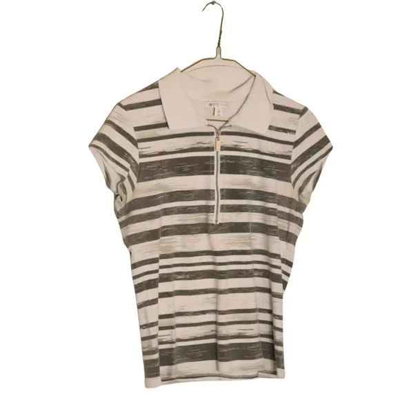 SPANNER WOMENS SIZE LARGE GREY & WHITE STRIPE ZIPPER SHIRT - Picture 2 of 4